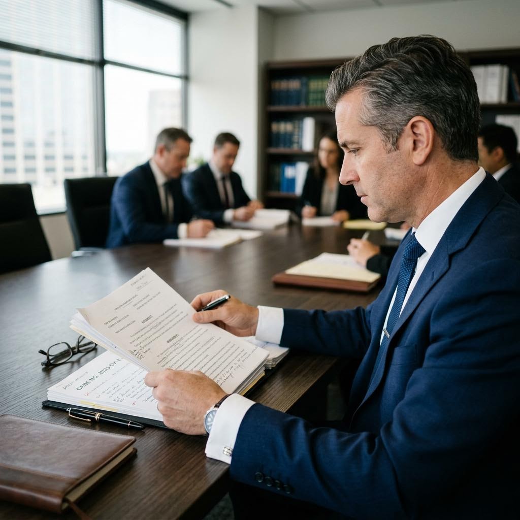 Personal injury lawyer meeting with clients in a St. Louis law office